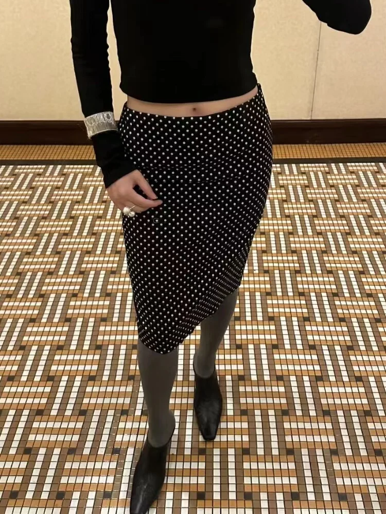 Mia Series Office Siren Retro Contrast Color Polka Dot Wrap around Straight Cut Back Split Midi Skirt Women's Casual Fashion