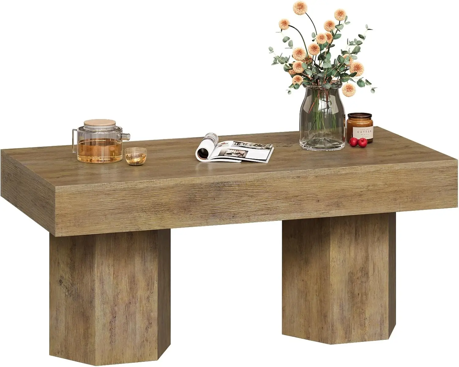 

39.37" Mid-Century Modern Farmhouse Coffee Table - Light Brown Rectangular Wooden Cocktail Tea Table, for Living Room & Office