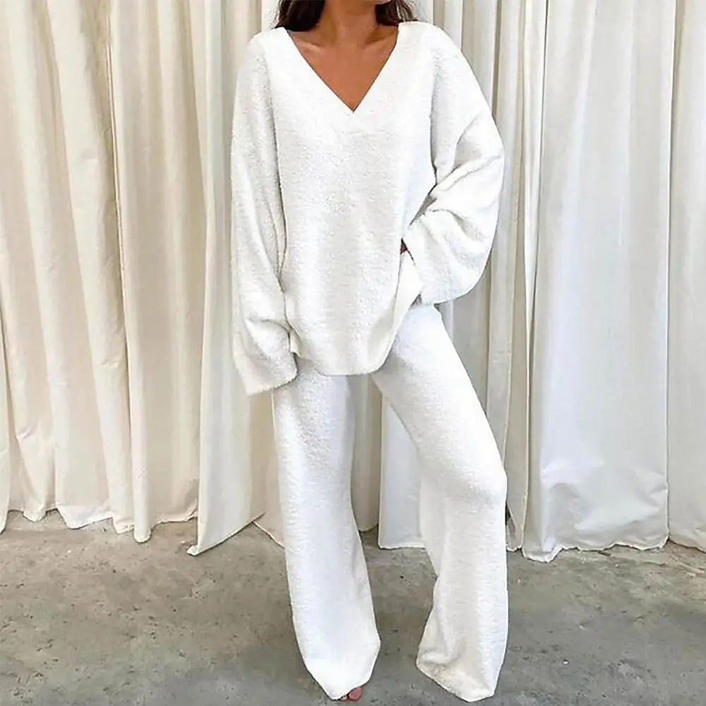 Women Pajamas Set Loose V Neck Wide Leg Homewear Set  Sleeping Clothes Winter Pajamas Pants Set Autumn Warm Lady Nightie Sets