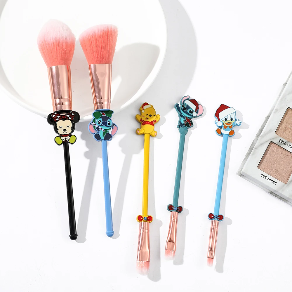 Disney-Juego de pinceles de maquillaje para mujer y niña, Set de 5 piezas, serie navideña, Mickey Mouse, Stitch, Pooh, Bear Handles, herramientas de maquillaje, regalos