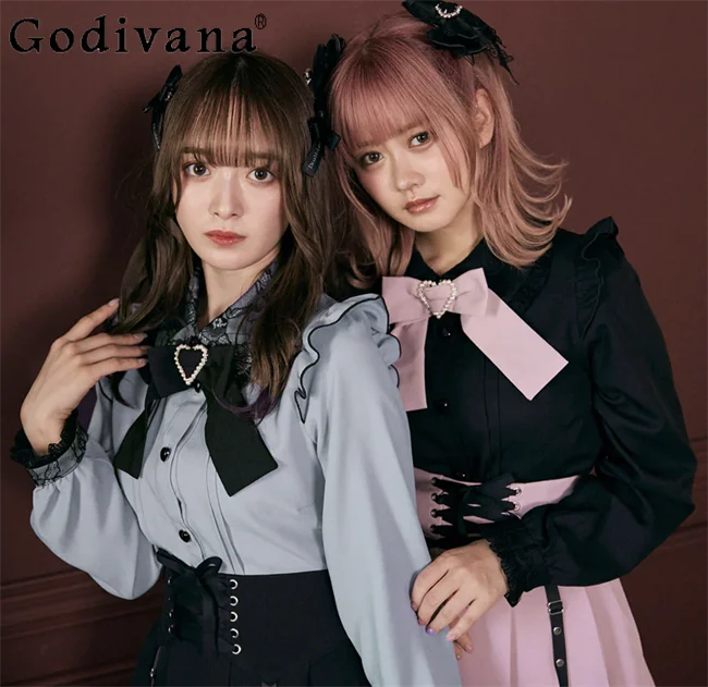 

Autumn Winter Bottoming Shirt Girly Sweet Bow Love Buckle Lace Doll Collar Chiffon Long-sleeved Blouses Japanese Lolita Shirts