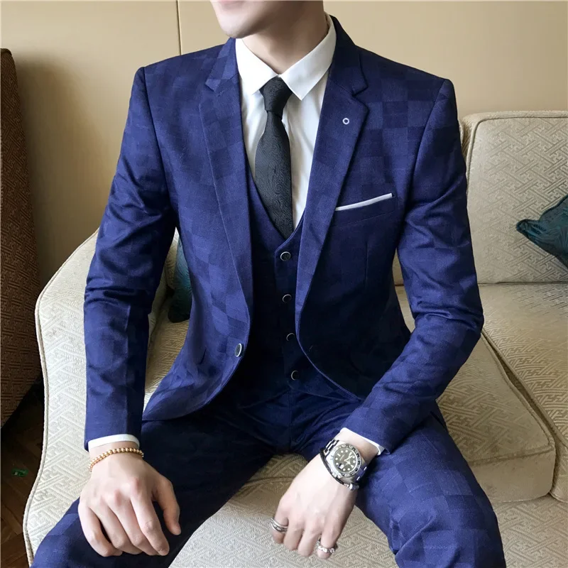 

[Blazer+Vest+Pants] Men Plaid Casual Boutique Wedding Groom Best Suit Formal Business Three-piece Suit Set Fashion Men Clothing