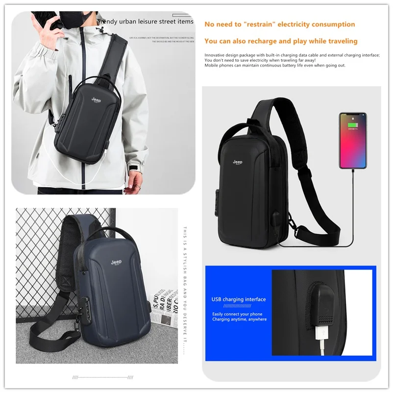 JEEP BULUO Men Sling Chest Bags Crossbody Shoulder Bag High quality Motorcyclist Travel Riding outdoors Black Male Daily Bag