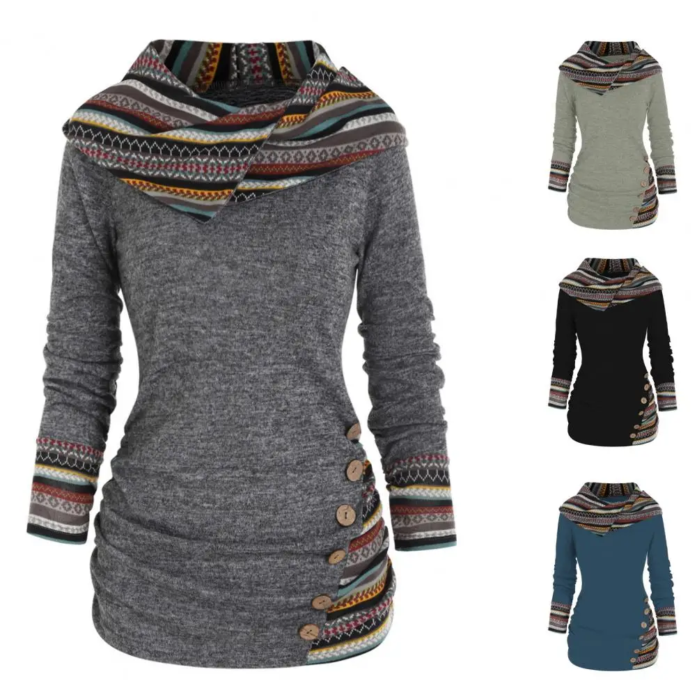 

Elastic Sweatshirt Ethnic Style Geometric Stripe Splicing Print Hoodie with Buttons Decor Women's Autumn Winter Long Sleeve