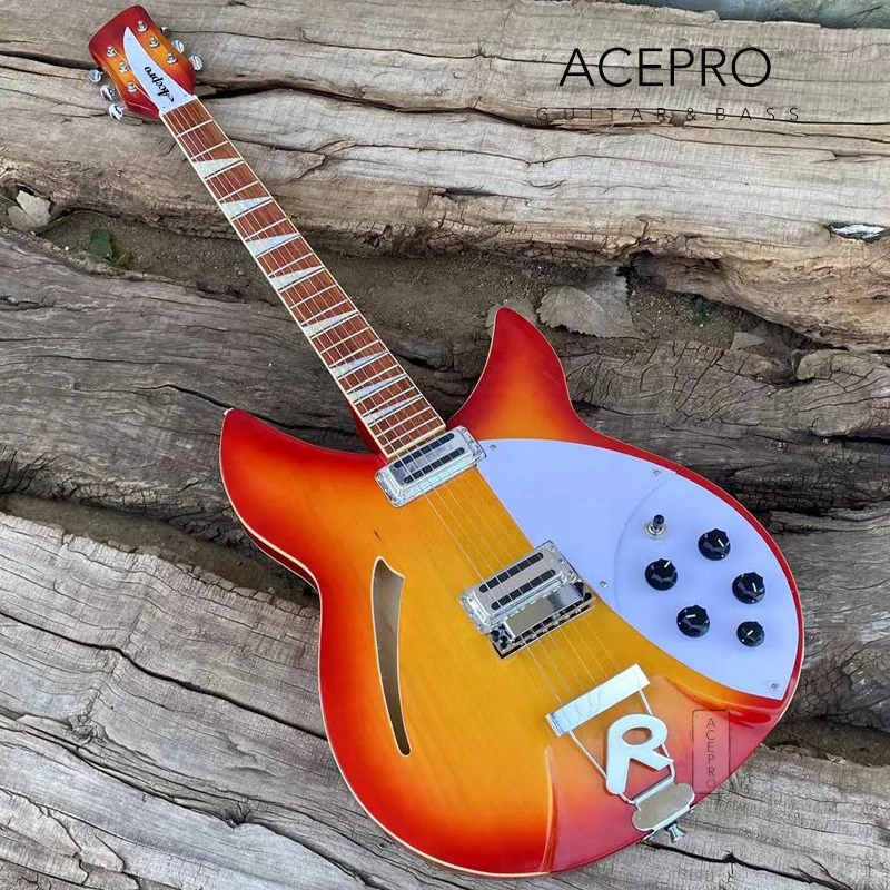 

6 String Semi Hollow Body Electric Guitar, Cherry Burst Color 360 Guitarra Tailpiece Bridge,Free Shipping