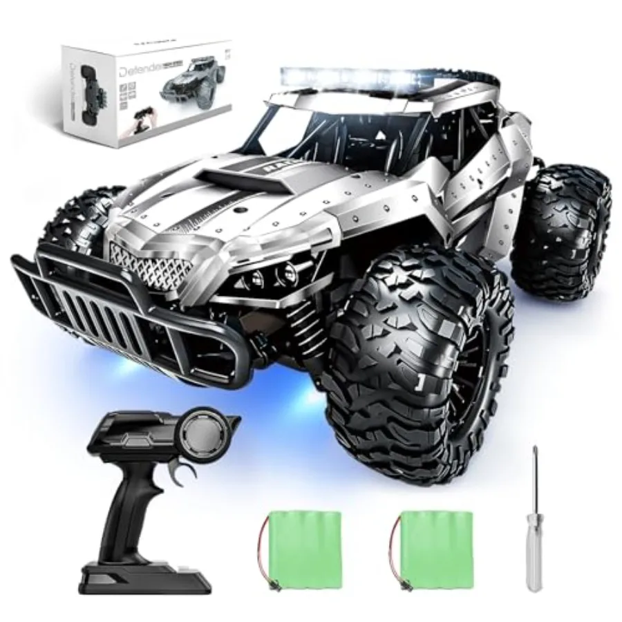 

RC Car 1/16 Scale for Boys Silver All-Terrain Monster Truck with High Speed 20 km/h Dual Rechargeable Batteries Head Chassis Li
