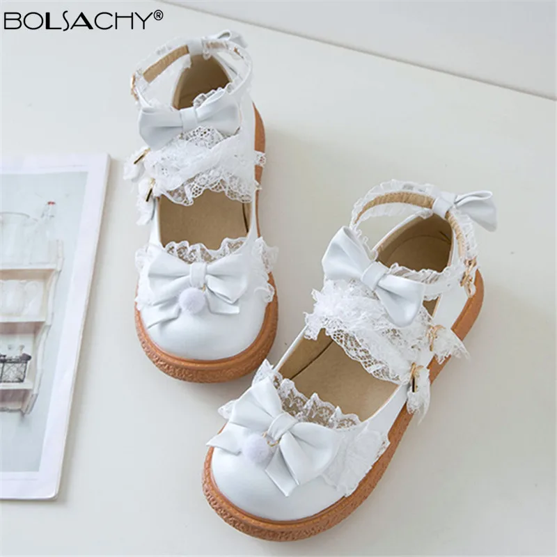 Spring White Lolita Shoes Bow Mary Janes Shoes for Women Cute Lace Flat Shoes Ballerina Ladies Foowear Pink Cosplay Size 31-43