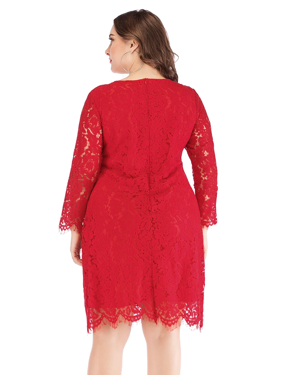 Plus Size Lace Party Dress Woman Summer Long Sleeve Lace Hollow Out Floral Sexy Eveing Club Bodycon Short Mini Dresses