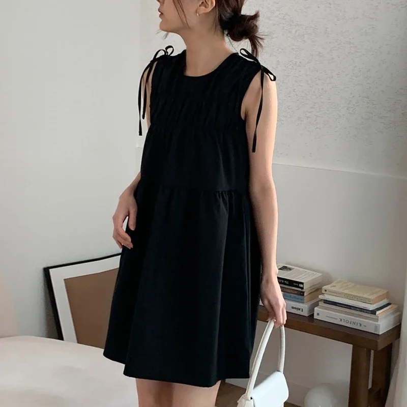 Dresses Women Chic Bow Bandage  Sleeveless Summer New Vintage Solid Ruched Female Dress Sweet Elegant Casual Black Y2k