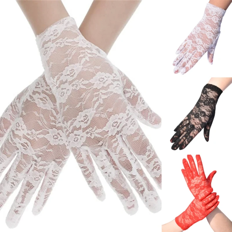 Guantes de encaje cortos elegantes para mujer, mitones de Color sólido a la moda, Red de pescado transparente, blanco y negro, fiesta de graduación, nuevo