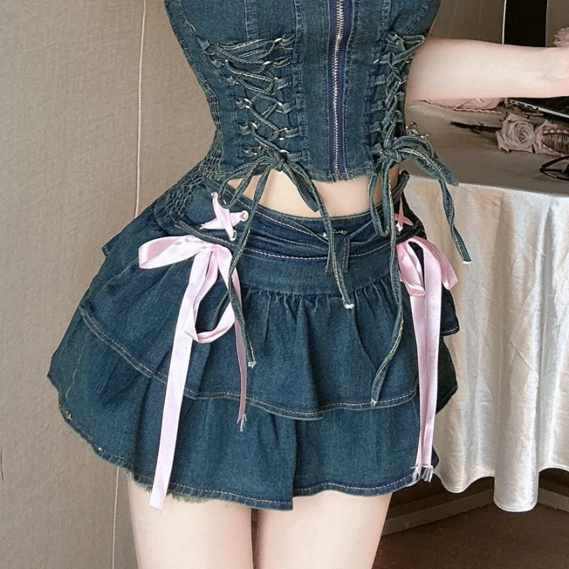 Pleated Skirts Women High Waist Denim Bow Bandage All-match Leisure College Students Streetwear Ins Popular Ulzzang Chic Safety