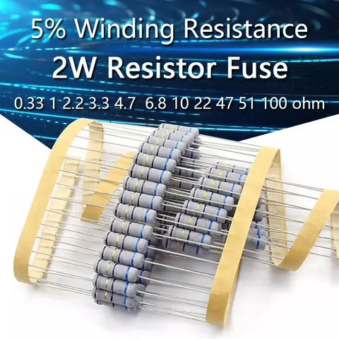 20PCS 2W 5% Wire Wound Resistor Fuse Winding Resistance 0.1 0.15 0.22 0.33 0.47 0.5 1 2.2 3.3 4.7 5.1 6.8 10 22 47 51 100 ohm