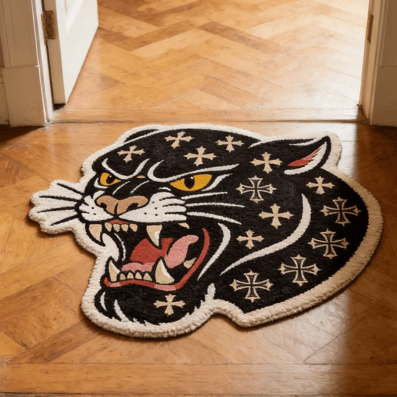 VIKAMA Irregular Black Panther Head Shaped Rug Retro Cross Pattern Fluffy Tufted Non‑slip Cool‑style Indoor Entryway Floor Mat