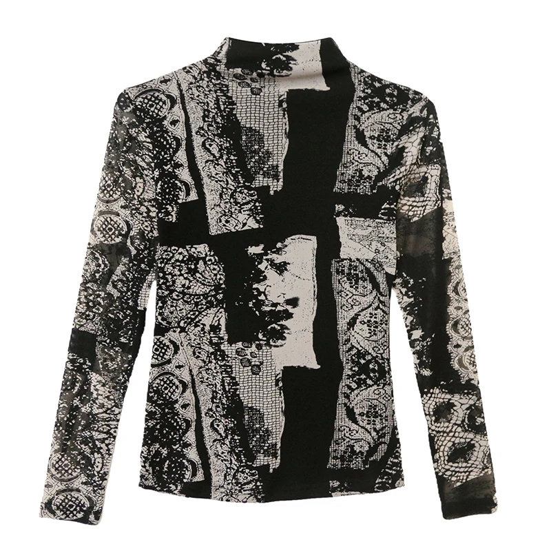 

New,European,Clothes,T-Shirt,Chic,Sexy,Mock Neck,Print,Geometry,Patchwork,Mesh,Women,Tops,Long Sleeve,Bottoming Shirt,Tees,51002