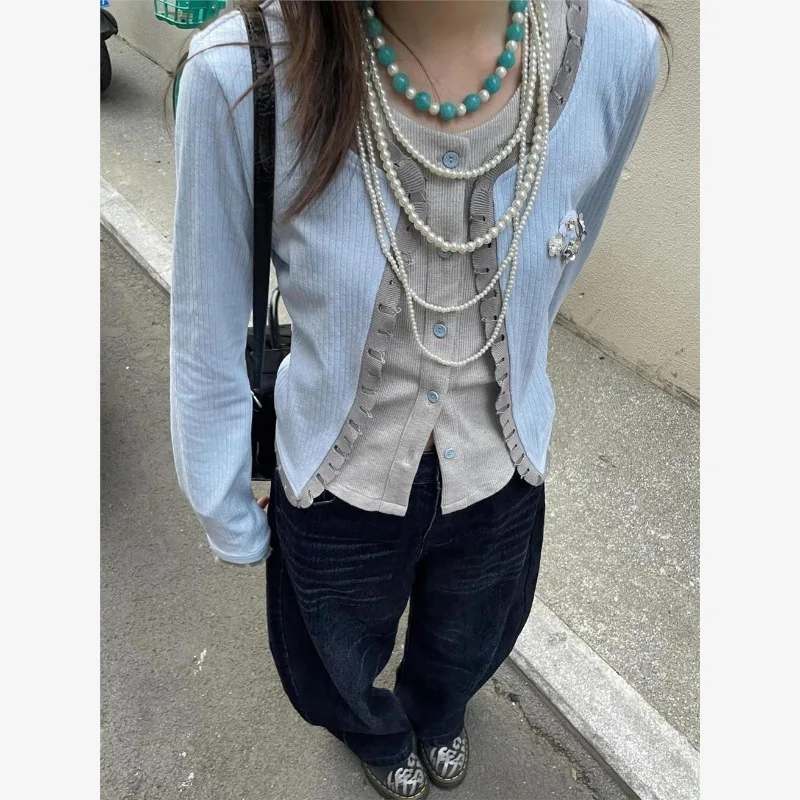 

Fake Two Pieces O-neck Single-breasted Long-sleeved Cardigan Women 2025 Autumn New Streetwear Contrast Color Patchwork Knit Tops