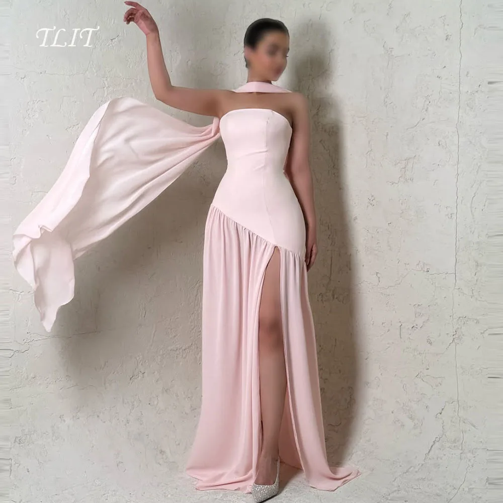 

TLIT Elegant Silk Satin Chiffon Evening Gown Dress Straoless Long Chiffon Shawl High Split Prom Gowns Customized Formal Party