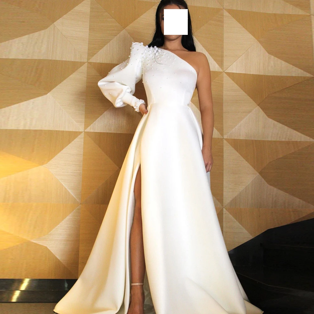 

Elegant White Pleats Sweep Train Evening Dress Modern Long Sleeves A-Line Floor Length One Shoulder Jersey Vestido De Noche