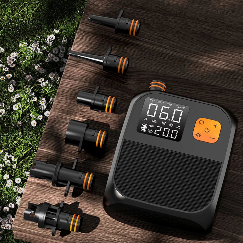 Bomba Portátil para Tabla de Paddle Surf, Compresor de Aire Eléctrico de Alta Presión de 25 PSI, Banco de Energía con 6 Boquillas y Luz LED para Tabla de Surf