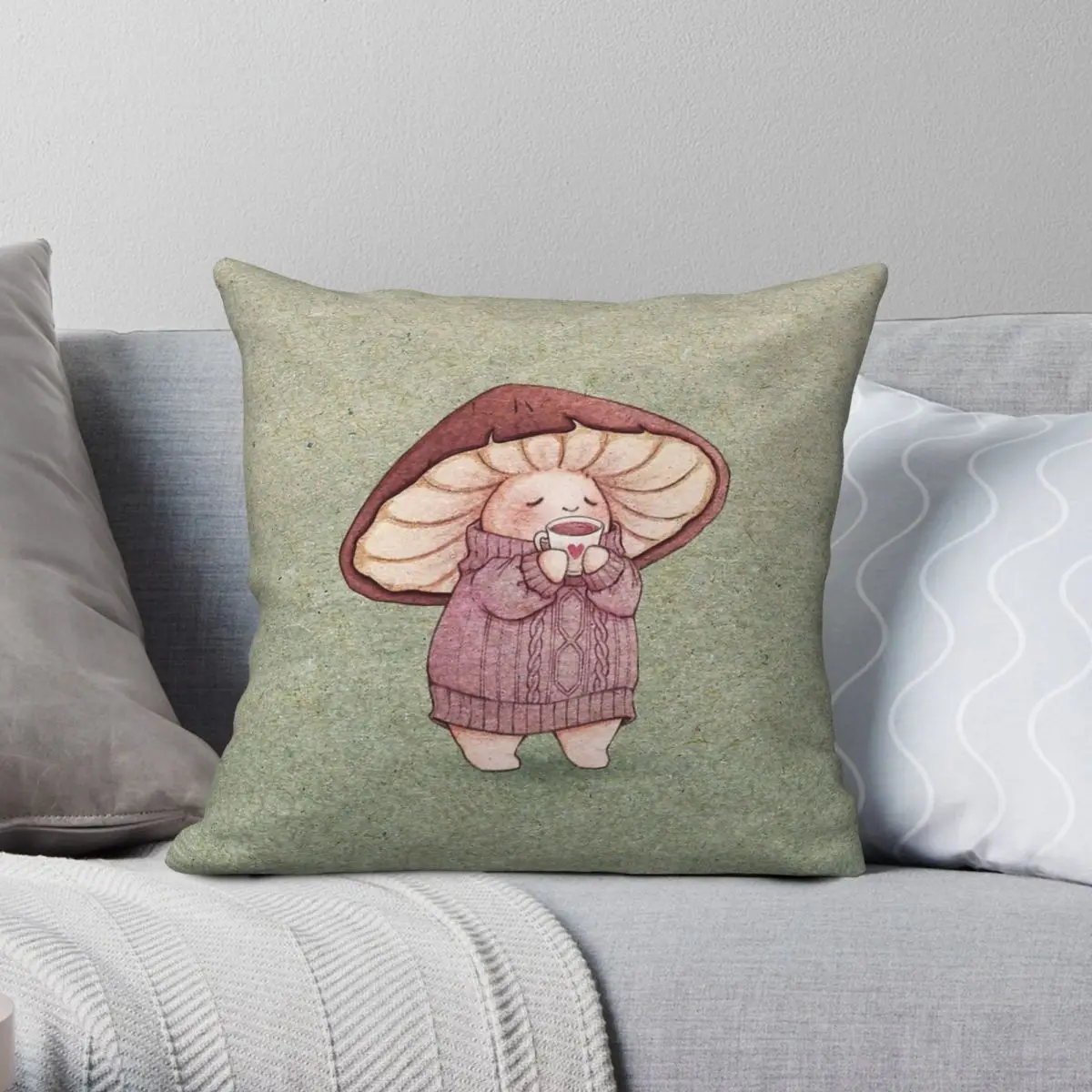 Mushroom Sweater Weather Tea Square Pillowcase Polyester Linen Velvet Creative Zip Decorative Home Cushion Cover 18