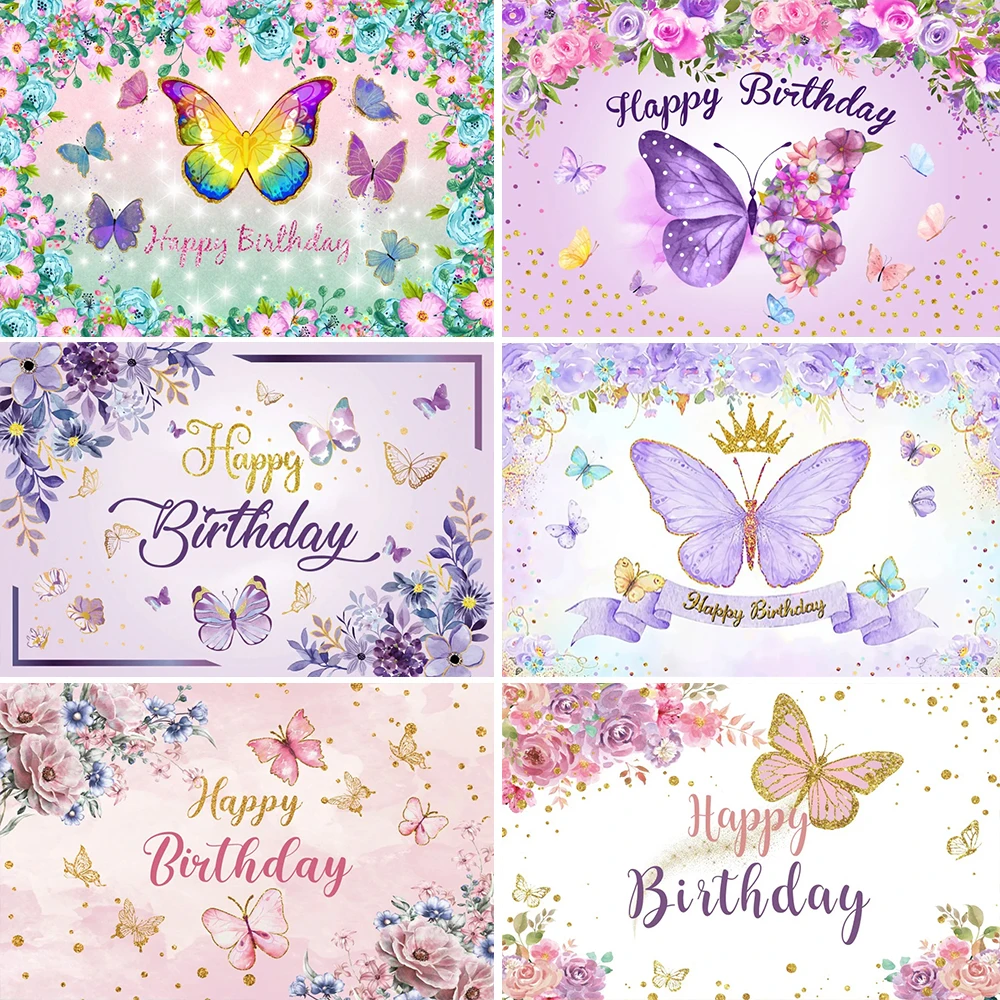 Dreamy Butterfly Theme Photography Child Birthday Party Baby Shower Purple Flowers Banner Background Decoration Photo Studio