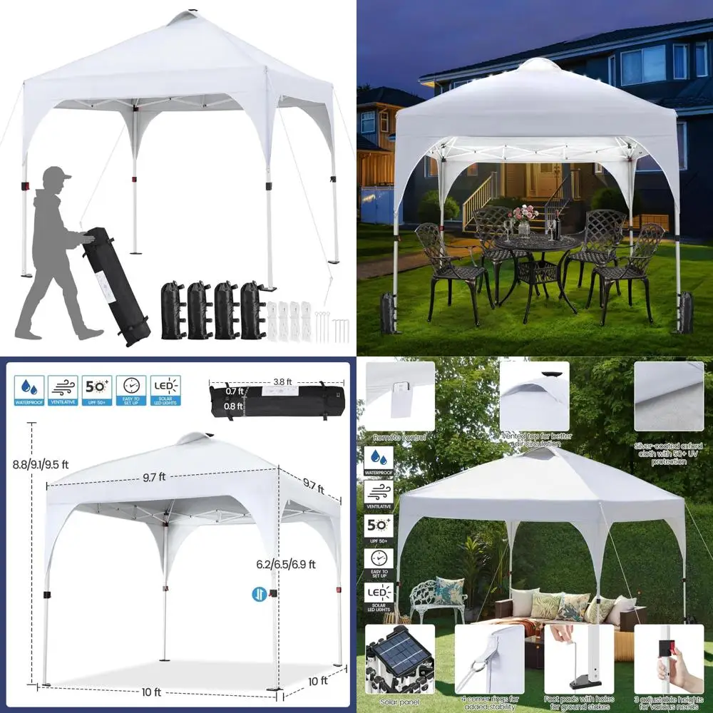 

10x10ft Instant Pop-Up Canopy Tent with Solar LED Lights, Outdoor Garden Gazebo, Easy Setup with Wheeled Bag, 4 Sides Included
