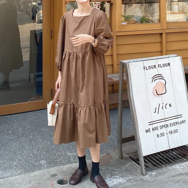 Feminino 2025 outono novo retro simples vestido de pescoço quadrado em camadas bolo saia rendas solta saia longa