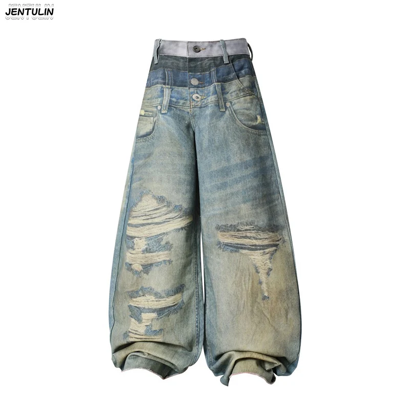 Streetwear Wasteland Style Vintage Yellowed Jeans Men's Harajuku Loose Fit Digital Printing Fake Damage Wide Leg Pants Unisex