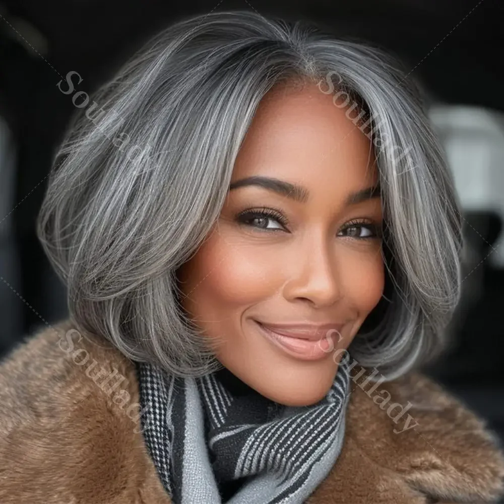 

LULUCHIC Classic Women's Hairstyle Salt and Pepper Straight Bob Real Human Hair Wear Go Glueless Lace Wigs For Mature Mom