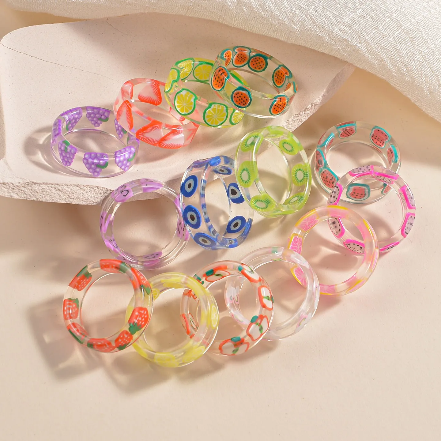 Transparent Acrylic Ring for Women Colorful Sweet Resin Round Fruit Rings for Women Girls Geometric Summer Fashion Jewelry