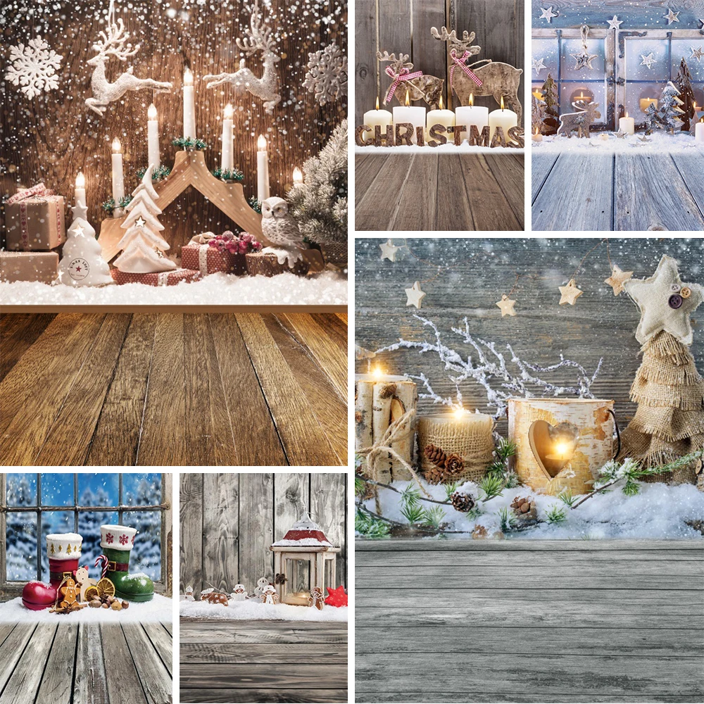 

Christmas Wooden Board Photography Backdrop Xmas Tree Snowflake Stars Lights Gifts Fireplace Decor Background For Photo Studio