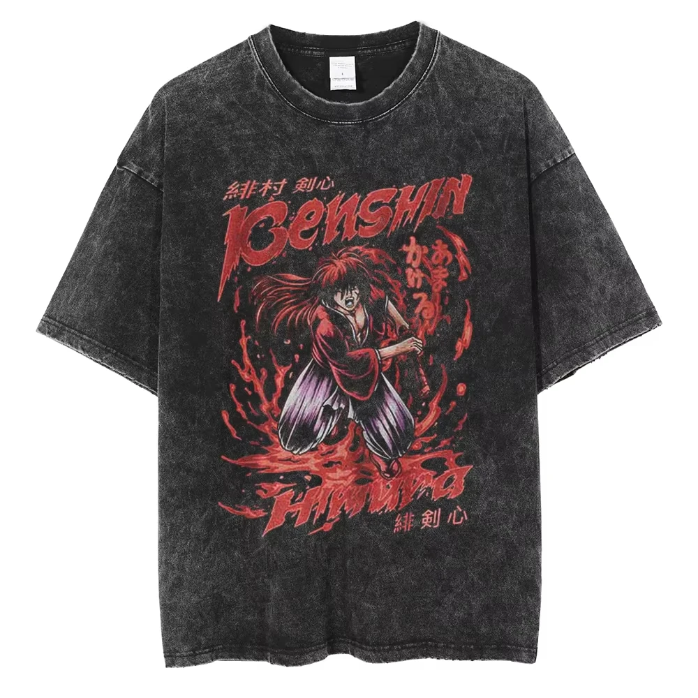 Anime Rurouni Kenshin Himura Graphic Print T-shirt Men Women Loose Casual Oversized Retro Washed O-neck Cotton Summer New Tee
