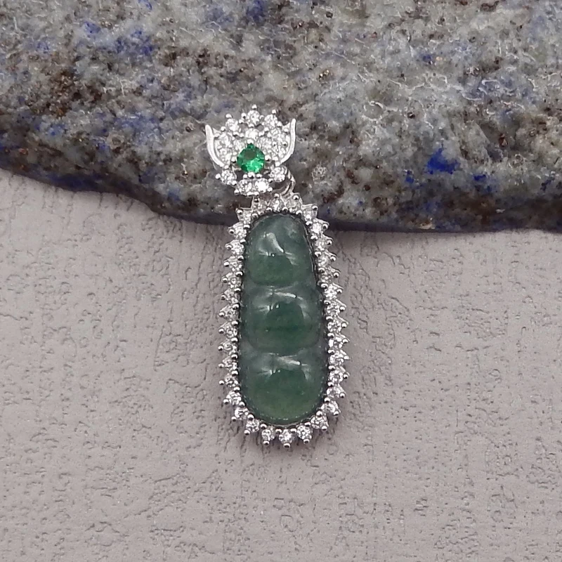 

Кулон из натурального драгоценного камня Jadeite, серебро 925 пробы, инкрустированный резным кулоном для ожерелья, ювелирные изделия ручной работы для женщин 26x10x5 мм, 1,8 г