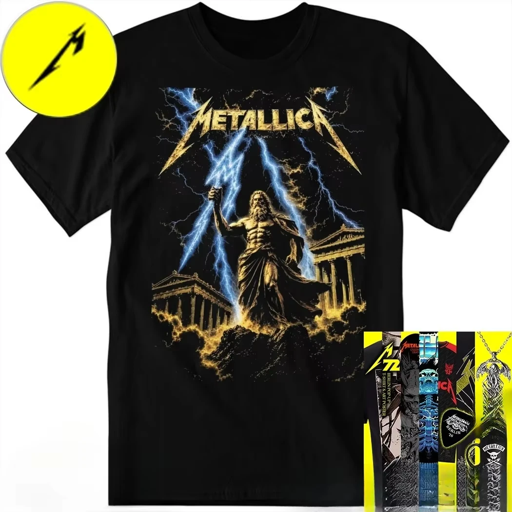 Camiseta De Algodón Con Estampado Gráfico De Metallica, Logotipo Dorado De Zeus Y Rayo Azul, Para Hombre Y Mujer, Ropa De Calle