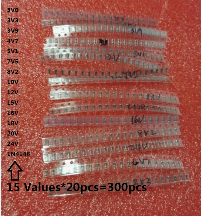 15values *20pcs=300pcs 3V~24V LL34 SMD Zener Diode Package 1/2W 1N4148 KIT 0.5W 3V3 3V9 4V7 5V1 7V5 8V2 10V 12V 15V 16V 18V 20V