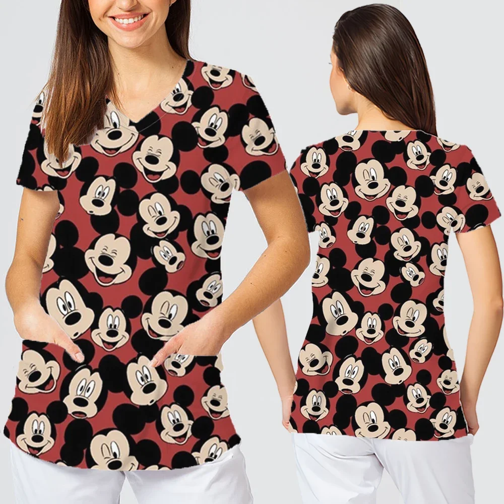 

Cute nurse uniform cartoon Mickey and Minnie printed short-sleeved pocket summer medical care uniform top in 2025