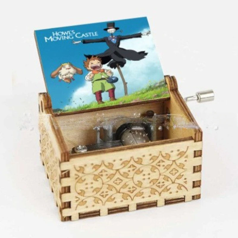 Wooden laser engraving music box Hal's castle gift peripheral children's birthday gift hand crank music box