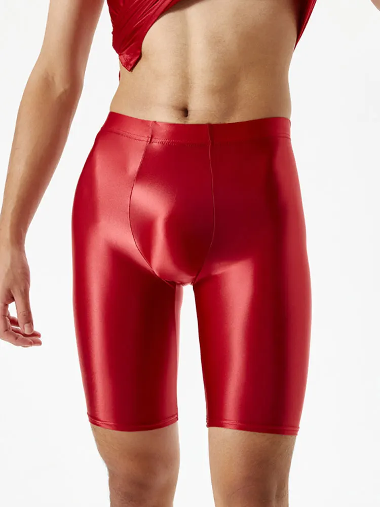 Men\'s Large Size Shiny Ice Silk Shorts Glossy Silky Pants U Pouch Sheath Sexy Sports Fitness Boxer High Elastic Gym Shapewear