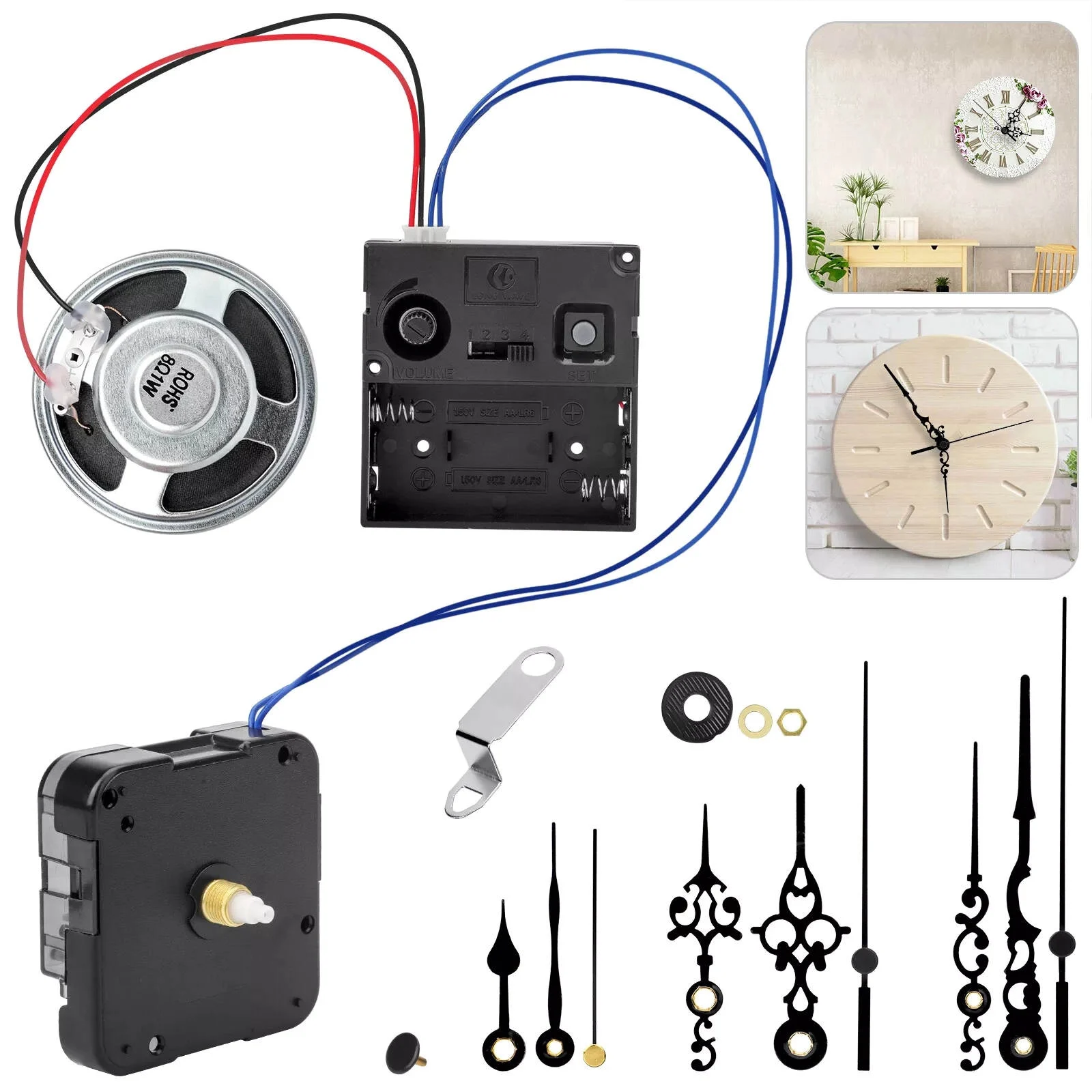 Silent Quartz Clock Movement Kit with Music Box Speaker, Battery Operated Repair Replacement Parts for Wall Clock Crafting