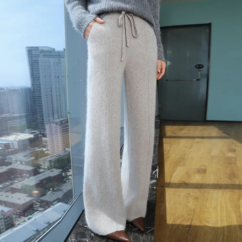 Casual women's mink cashmere pants new autumn and winter solid color knitted loose women's long 100 mink cashmere wide leg pants