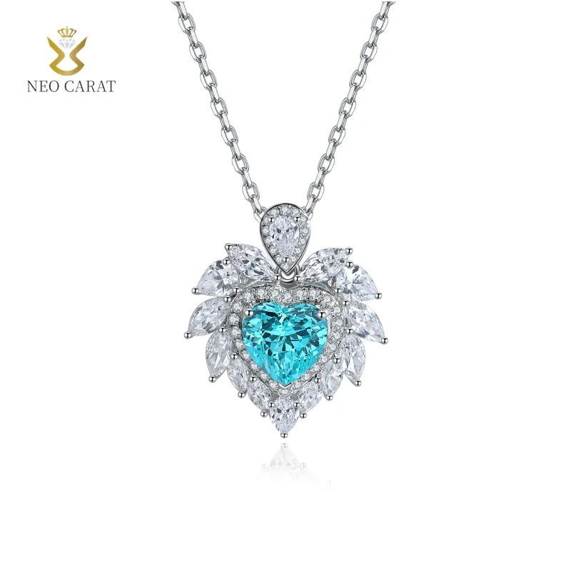 

NEO CARAT 1.77CT Nurturing Paraiba Women's Necklace S925 Silver Plated 18K White Gold Unique Heart Shaped Commemorative Day Gift