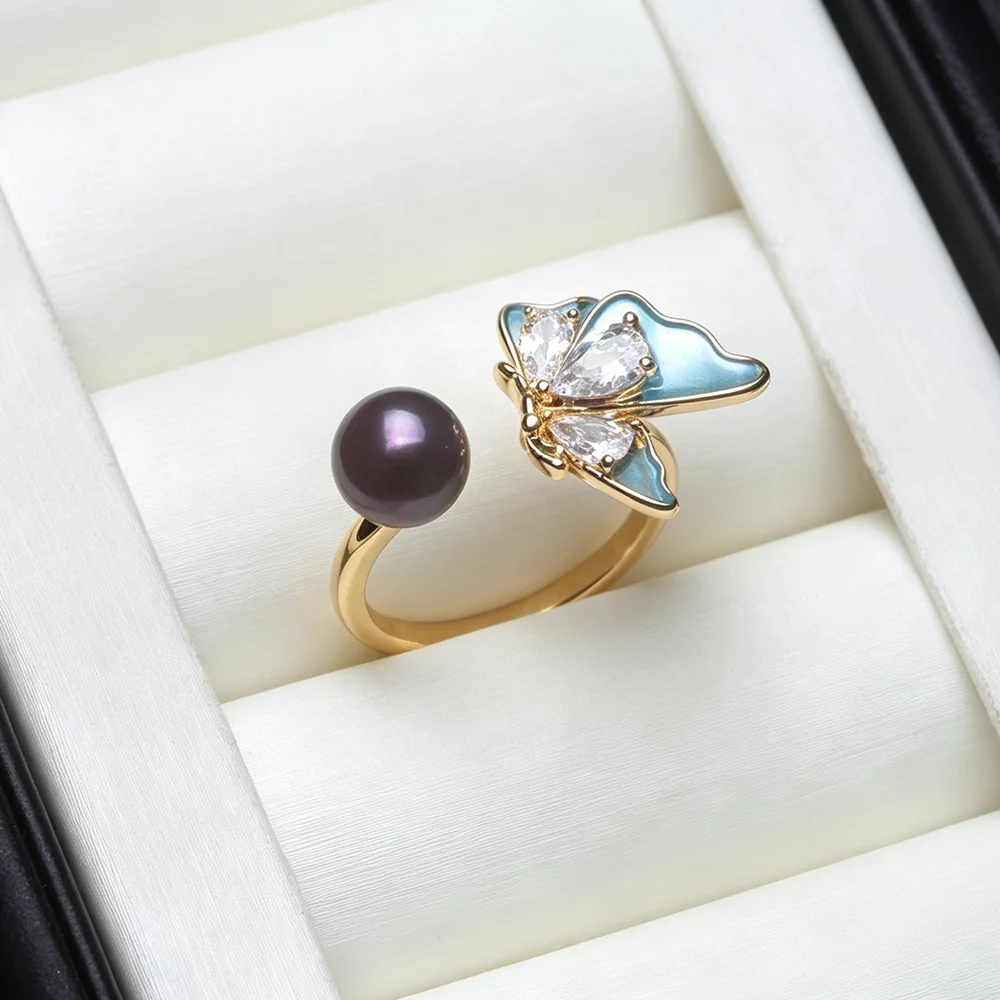 Echte Süßwasser-925-Silber-Perlenringe, Verstellbar, Niedlicher Blauer Ring mit Echten Perlen, Geburtstagsgeschenk für Mutter oder Ehefrau, Weiß Schwarz – Detail 4