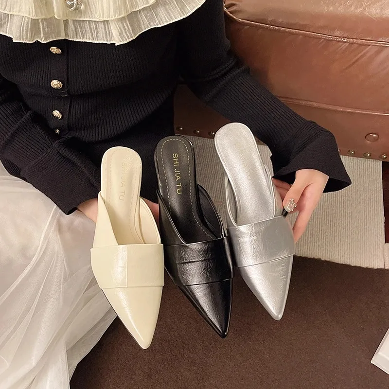 

Spring and summer New Style Pointed Toe Wide Mouth Back Open Women's Fine Heel Mid Heel Fashionable Casual Slip-on Shoes 2026