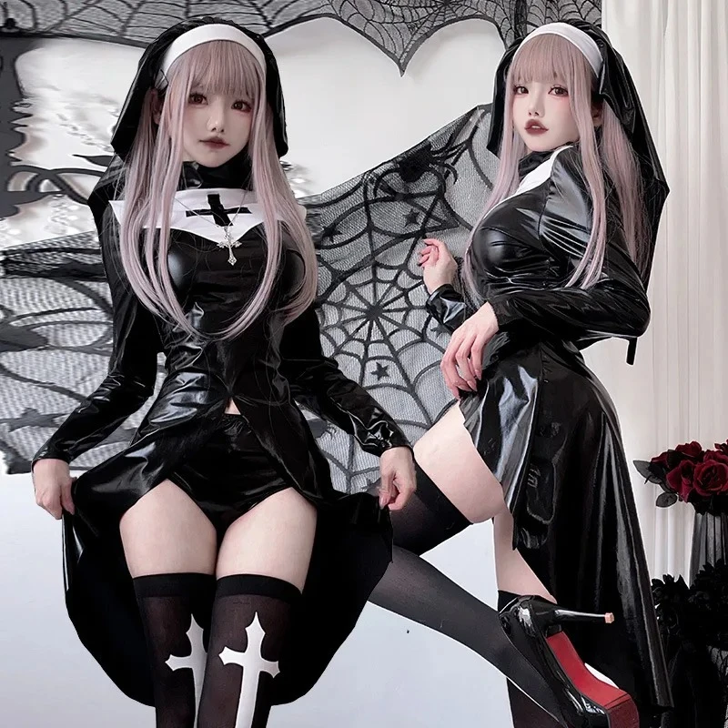 

In Stock Latex Nun Costume Leather Cosplay Santa Christmas Xmas New Year Lingerie Sexy Hot Erotic Sweet Heart Clothing