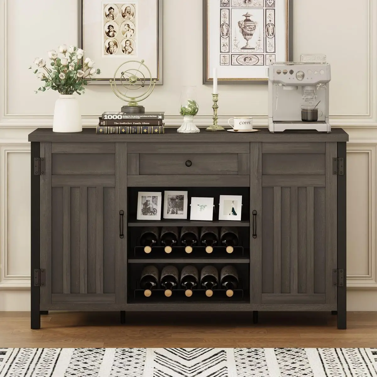 Gabinete buffet con almacenamiento, aparador industrial con cajón, gabinete de cocina de granja con estante para vino, rústico