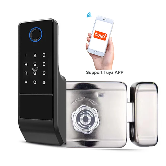 No Wiring Outdoor Waterproof Smart Card Digital Code Electronic Locks Fingerprint Rim Unlock for Wood Home Security Cloud Metal