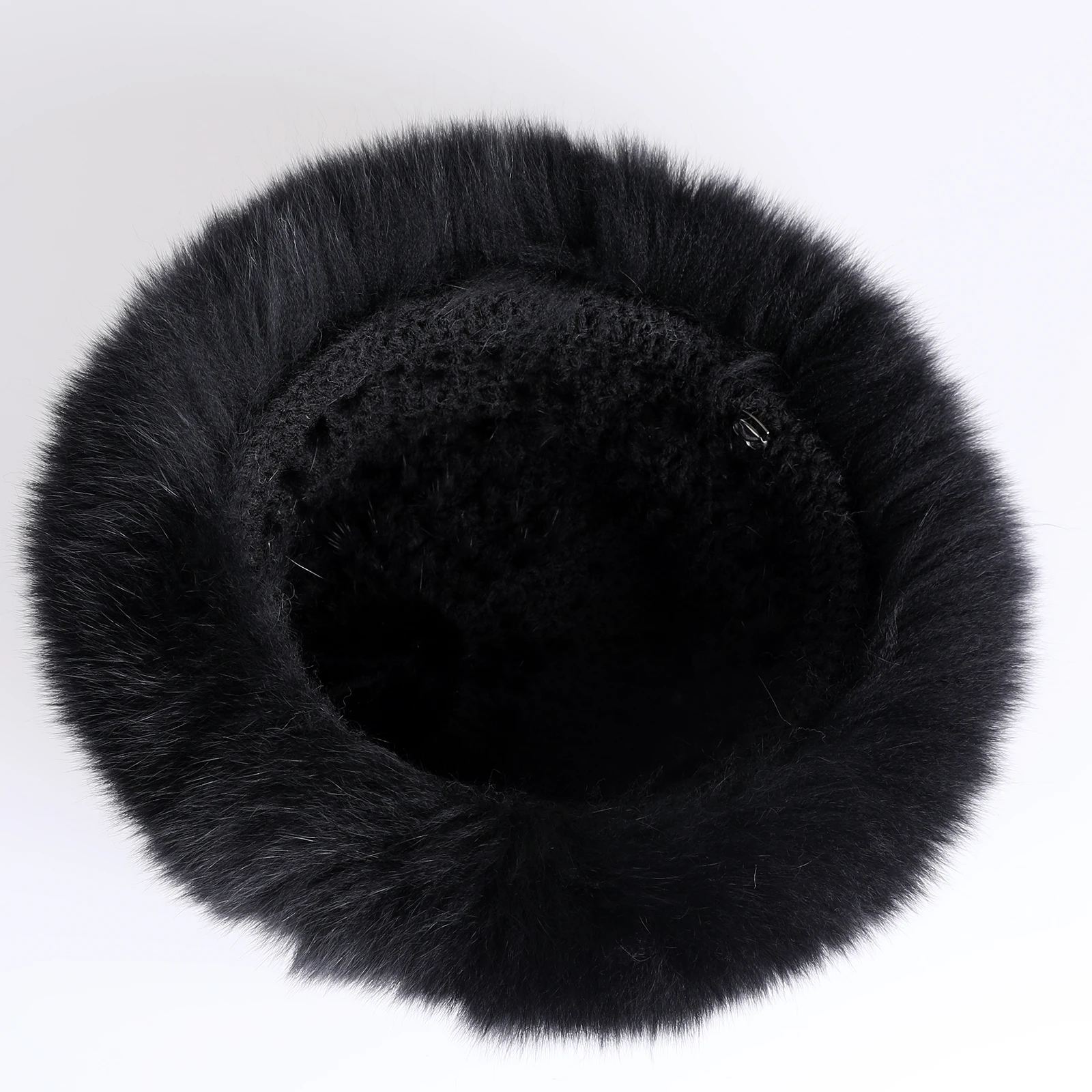 Frauen Winter warm echte Premuim Nerz Fell gestrickt Eimer Hut pelzigen Echtpelz Kappen Big Fox Pelz besatz Krempe verstellbar – Detail 9