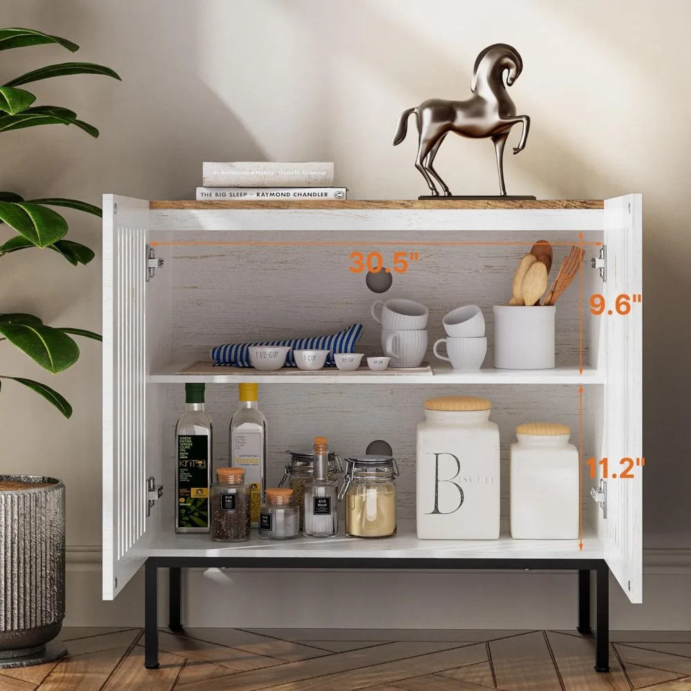 Supporto TV Farmhouse da 95", centro di intrattenimento con base in metallo e ripiani regolabili, console TV 3 in 1 con 6 ante, bianco antico