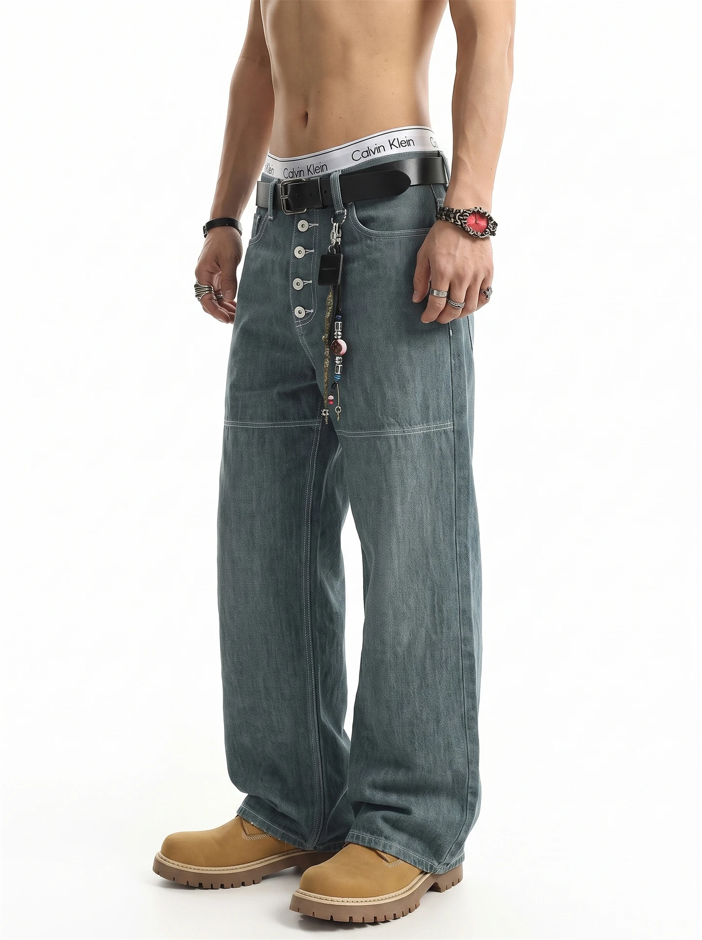 Retro Washed American High Street Men's Jeans Straight Leg Button down Embroidery Deconstruction Casual Summer Jeans