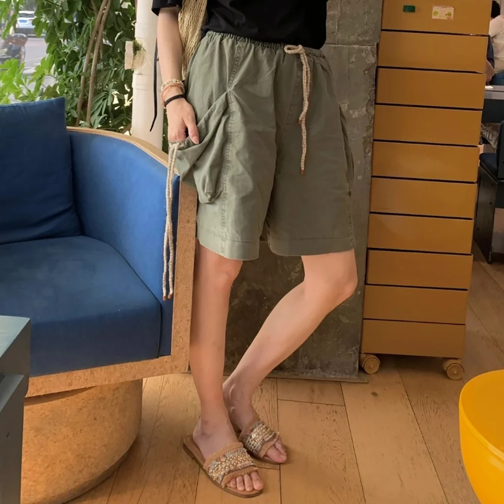 100% algodão bolso decoração shorts femininos y2k cordão cinto retro lavado commuter versátil calças de cinco pontos 2025 outono