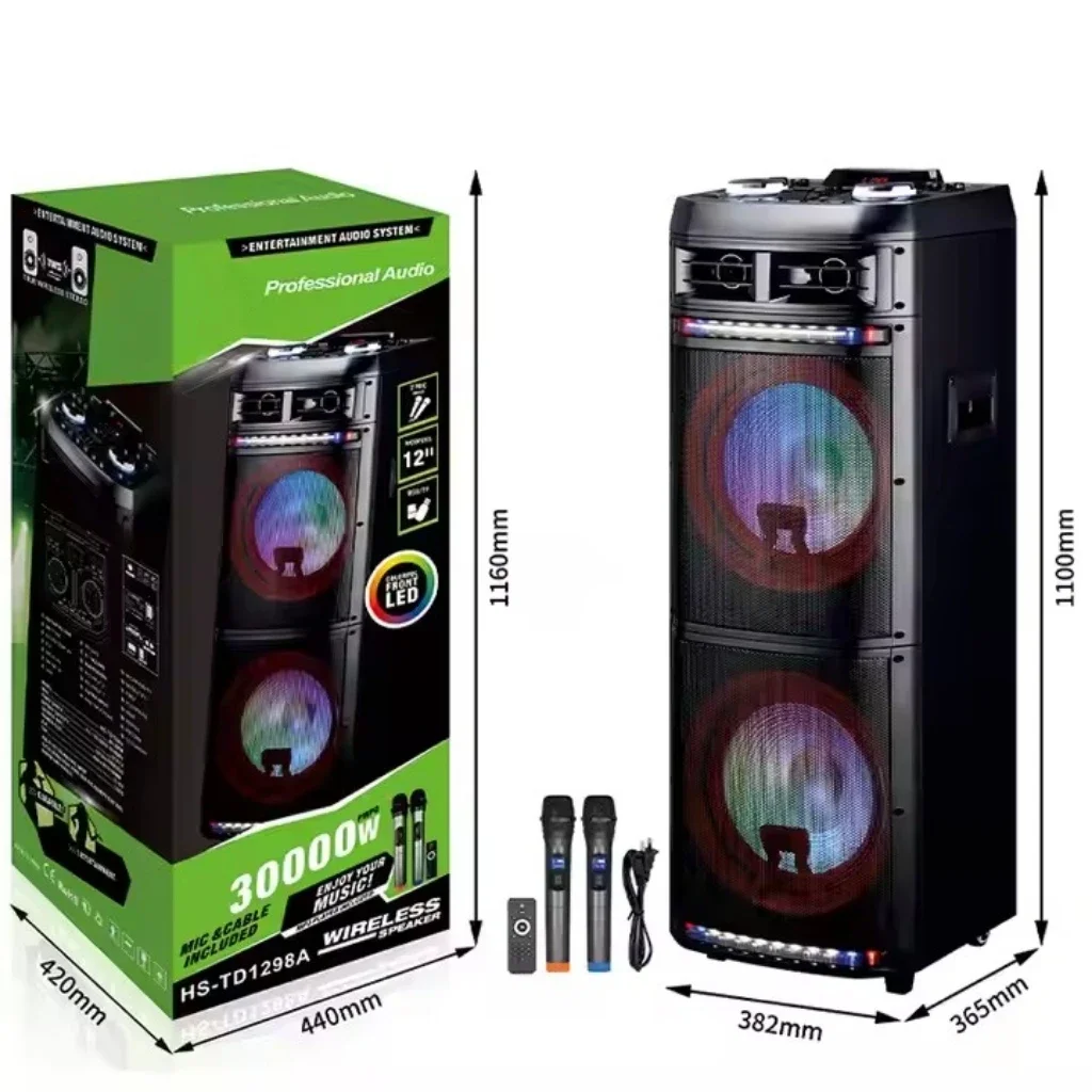 

Double 12 Inch BT Portable Trolley Speaker Party Speaker With Remote USB Function Led Lighting TD1298